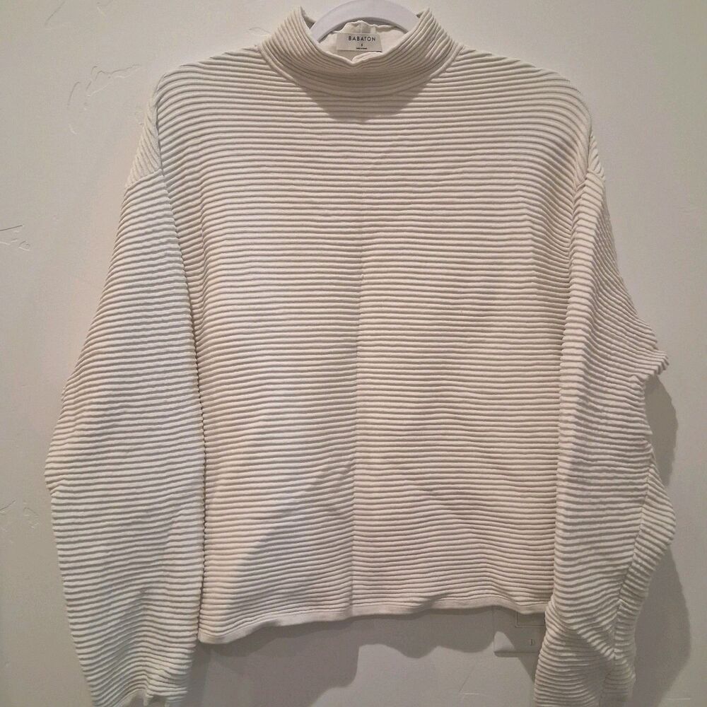 Aritzia Babaton Off White Rib Knit Mock Turtleneck Pullover Sweater Top size Sm